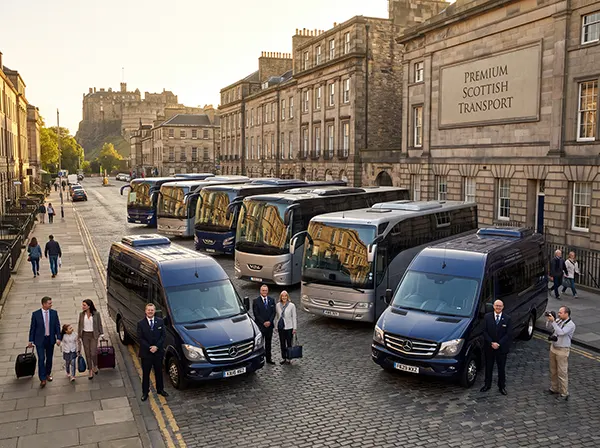 Minibuses and coaches parked ready for hire in Edinburgh