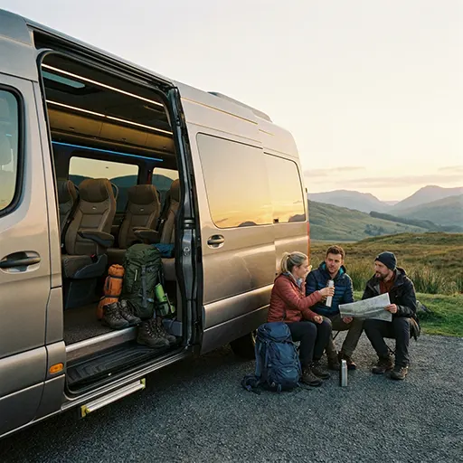 Comfortable minibus with luggage space and hiking equipment prepared for long-distance travel between the Three Peaks mountains.